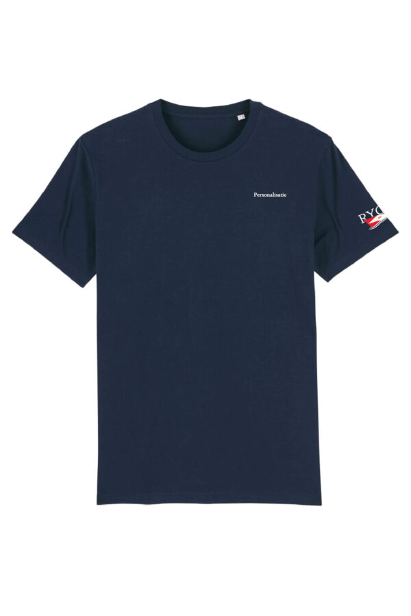 Voorbeeld t-shirt voorkant mouw rycb personalisatie navy